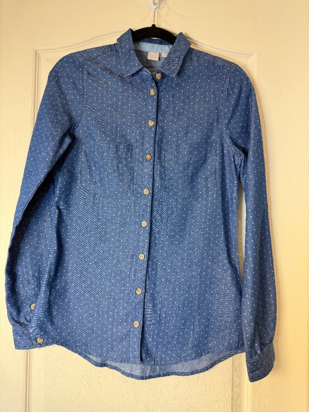 Twik Simons XS Blue White Polka Dot Chambray Shirt Slim Fit Long Sleeve Button U